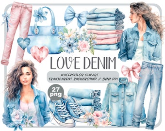 Watercolor love denim clipart - denim items: clothing, jeans, shirt, bag, sneakers - blue and pink - denim fashion - blue flowers -jeans PNG