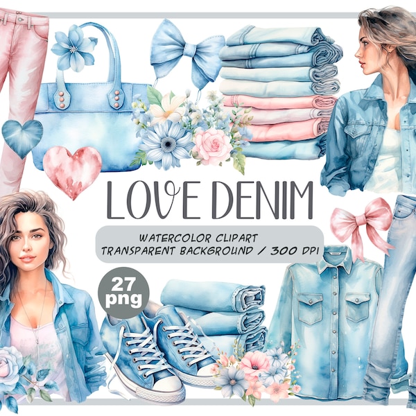 Watercolor love denim clipart - denim items: clothing, jeans, shirt, bag, sneakers - blue and pink - denim fashion - blue flowers -jeans PNG