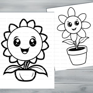 Kawaii flowers PDF coloring book Printable colouring pages for kids Cartoon potted flower, sunflower, houseplant thick outlines image 3