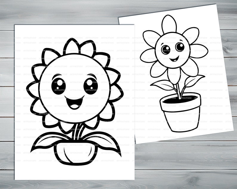 Kawaii flowers PDF coloring book Printable colouring pages for kids Cartoon potted flower, sunflower, houseplant thick outlines image 3