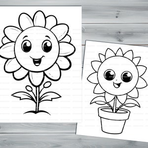 Kawaii flowers PDF coloring book Printable colouring pages for kids Cartoon potted flower, sunflower, houseplant thick outlines image 6