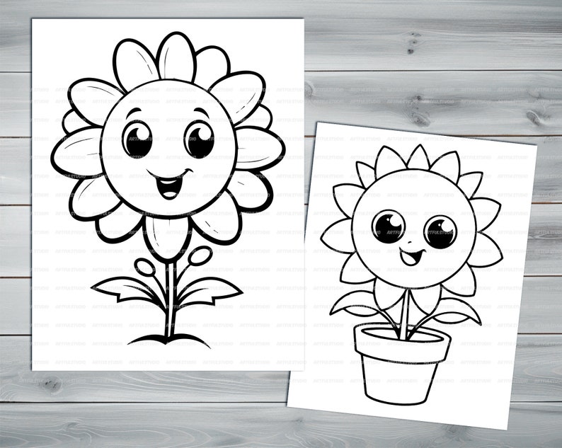 Kawaii flowers PDF coloring book Printable colouring pages for kids Cartoon potted flower, sunflower, houseplant thick outlines image 6