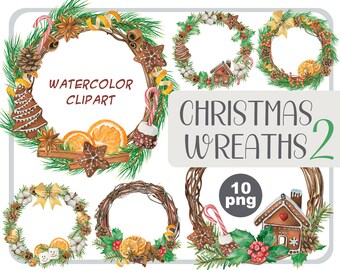 Aquarell Weihnachtskränze Clipart: Sweets Kreise Rahmen (PNG)