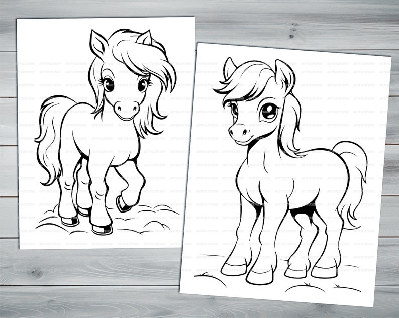 Cute little pony PDF coloring book Printable colouring pages for kids Cartoon cute funny horses coloring thick outlines farm animals image 7