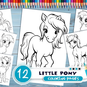 Cute little pony PDF coloring book Printable colouring pages for kids Cartoon cute funny horses coloring thick outlines farm animals image 1