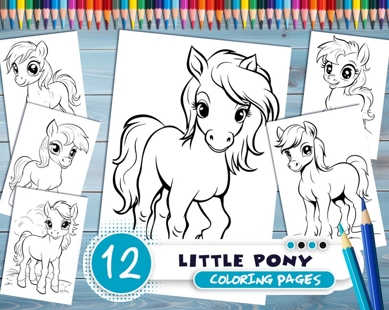 Cute little pony PDF coloring book Printable colouring pages for kids Cartoon cute funny horses coloring thick outlines farm animals image 1
