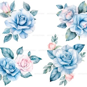 Watercolor blue delicate roses clipart flower illustration floral arrangements, dusty light blue rose pastel vintage wedding flowers image 6