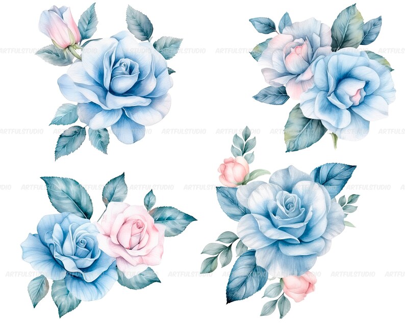 Watercolor blue delicate roses clipart flower illustration floral arrangements, dusty light blue rose pastel vintage wedding flowers image 6