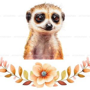 Watercolor cute baby meerkats clipart-Realistic meerkat with flower-Baby Shower Graphics-Nursery Decor Wall Art-African Animal's portrait image 7