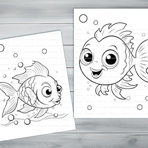 Kawaii fish PDF coloring book Printable colouring pages for kids Cartoon cute small fish, underwater scene, goldfish thick outlines image 7