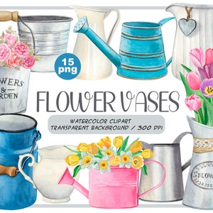 Watercolor flower vases clipart-Spring farmhouse Garden - Metal and ceramic bucket, Watering Can, Vintage Jug PNG-Сontainer for flowers