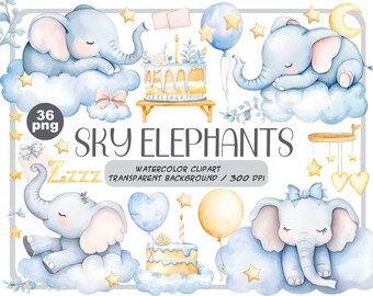 Aquarell Elefant Clipart: Baby Dusche Kinderzimmer Dekor (digitale Aufkleber)