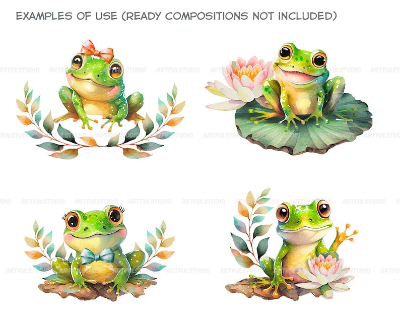 Watercolor cute baby frogs clipart-Realistic frog with flower-Baby Shower Graphics-Nursery Decor Wall Art-Woodland Animal-Amphibian portrait image 10