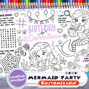 Customizable Mermaid Party Placemat Happy Birthday coloring book Personalized Printable coloring page Princess Custom Birthday Party image 1