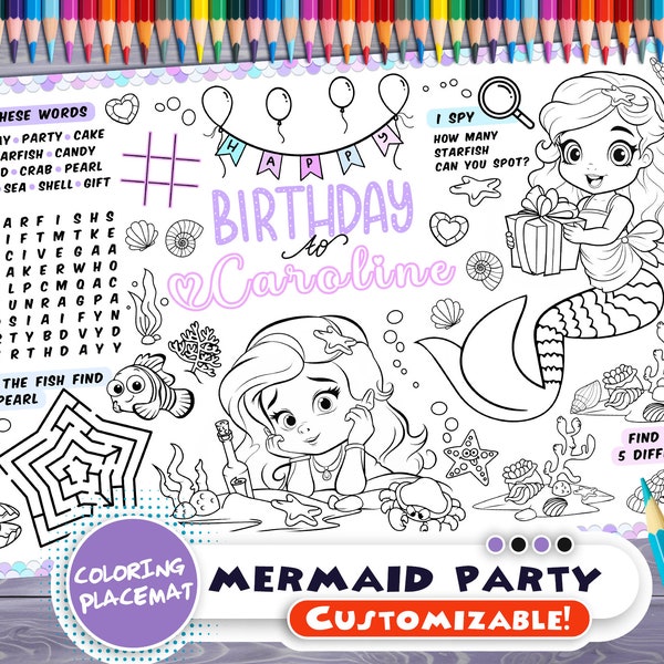 Customizable Mermaid Party Placemat - Happy Birthday coloring book - Personalized Printable coloring page - Princess Custom Birthday Party