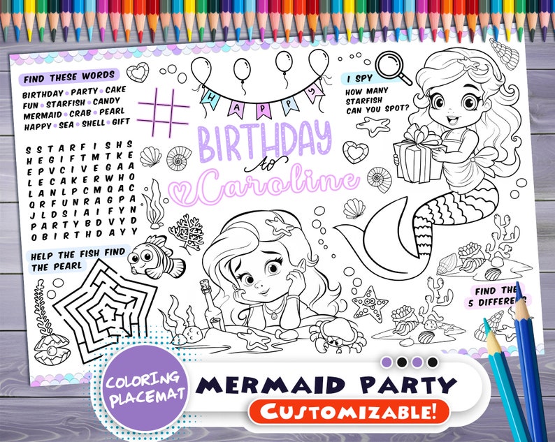 Customizable Mermaid Party Placemat Happy Birthday coloring book Personalized Printable coloring page Princess Custom Birthday Party image 1