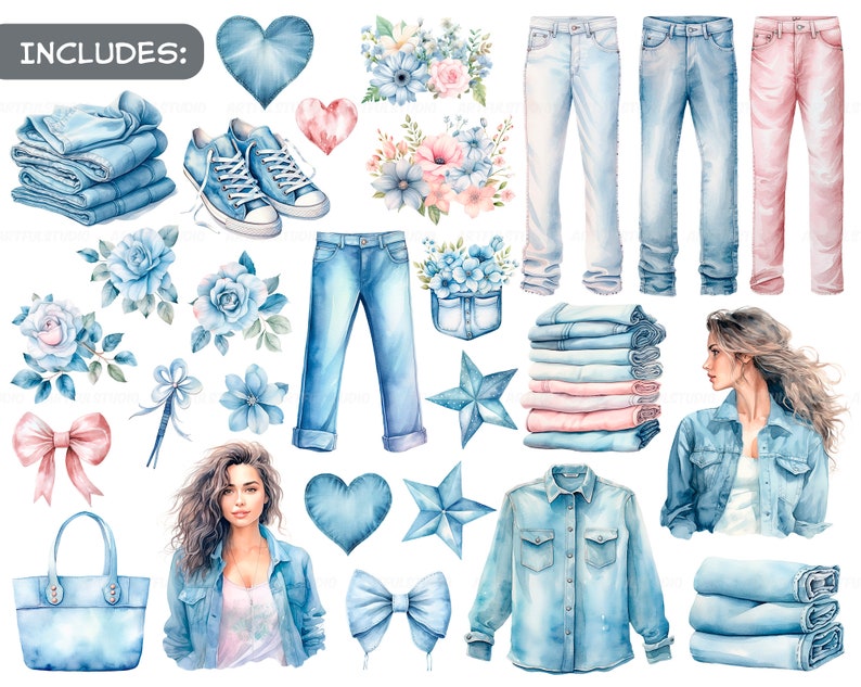 Watercolor love denim clipart denim items: clothing, jeans, shirt, bag, sneakers blue and pink denim fashion blue flowers jeans PNG image 2