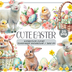 Aquarell niedliche Ostern Clipart-Osterhase, Lämmer und Hühner-Weidenkorb mit Eiern und Frühlingsblumen-Baby Shower Grafik-Kinderzimmer Dekor
