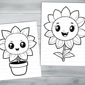 Kawaii flowers PDF coloring book Printable colouring pages for kids Cartoon potted flower, sunflower, houseplant thick outlines image 8