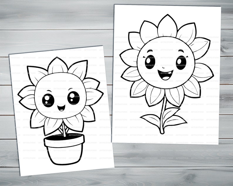 Kawaii flowers PDF coloring book Printable colouring pages for kids Cartoon potted flower, sunflower, houseplant thick outlines image 8