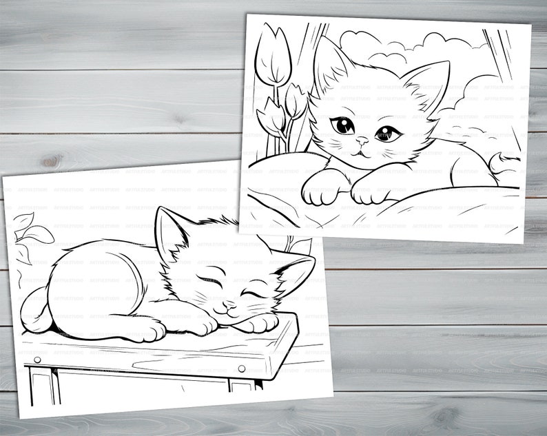 Sleeping cats PDF coloring book Printable colouring pages for kids Cute Cartoon cat coloring thick outlines for children's creativity image 5