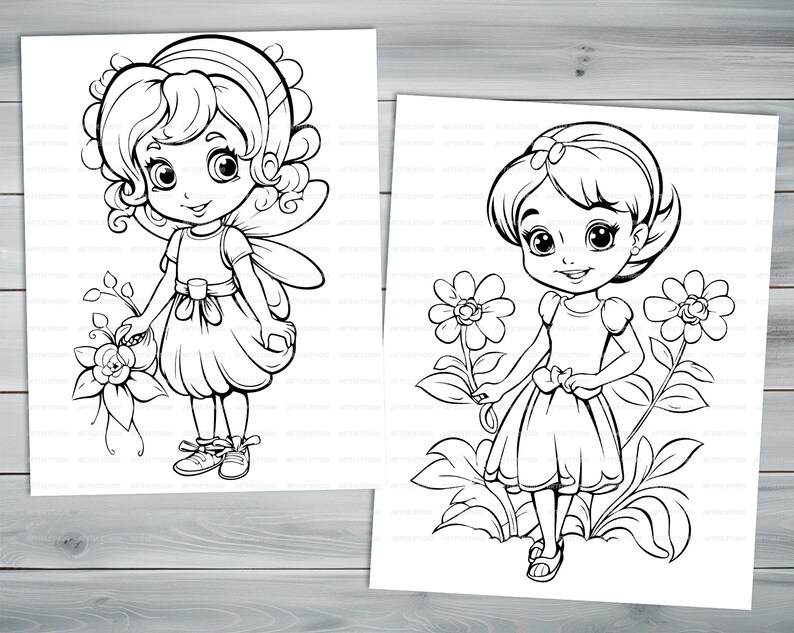 Flower fairies PDF coloring book Printable colouring pages for kids Cartoon floral fairy thick outlines for children's creativity image 8