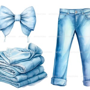 Watercolor love denim clipart denim items: clothing, jeans, shirt, bag, sneakers blue and pink denim fashion blue flowers jeans PNG image 5