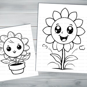 Kawaii flowers PDF coloring book Printable colouring pages for kids Cartoon potted flower, sunflower, houseplant thick outlines image 7