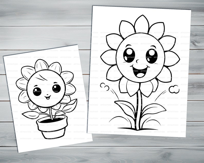 Kawaii flowers PDF coloring book Printable colouring pages for kids Cartoon potted flower, sunflower, houseplant thick outlines image 7