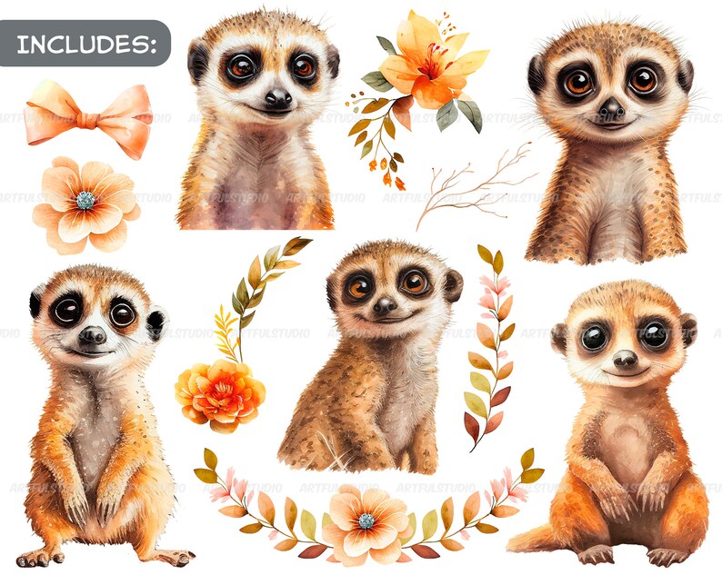 Watercolor cute baby meerkats clipart-Realistic meerkat with flower-Baby Shower Graphics-Nursery Decor Wall Art-African Animal's portrait image 2