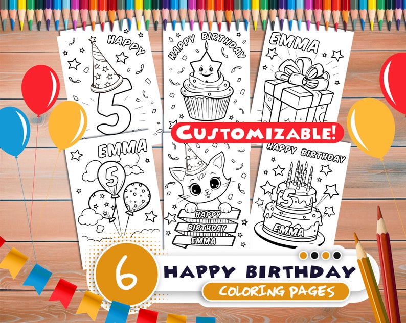 Customizable Happy Birthday PDF coloring book Personalized Printable coloring pages for kids for kids activity Custom Birthday Party image 1