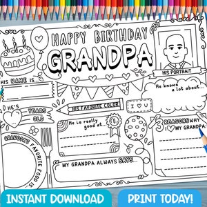 Happy Birthday Grandpa Activity sheet - Coloring Page All About grandfather -Father’s Birthday page for kids-Fill In Template printable gift