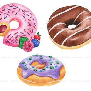 Watercolor donuts clipart sweets illustrations berry, chocolate donuts with glaze festive food, desserts, pastries-doughnut sublimation image 4