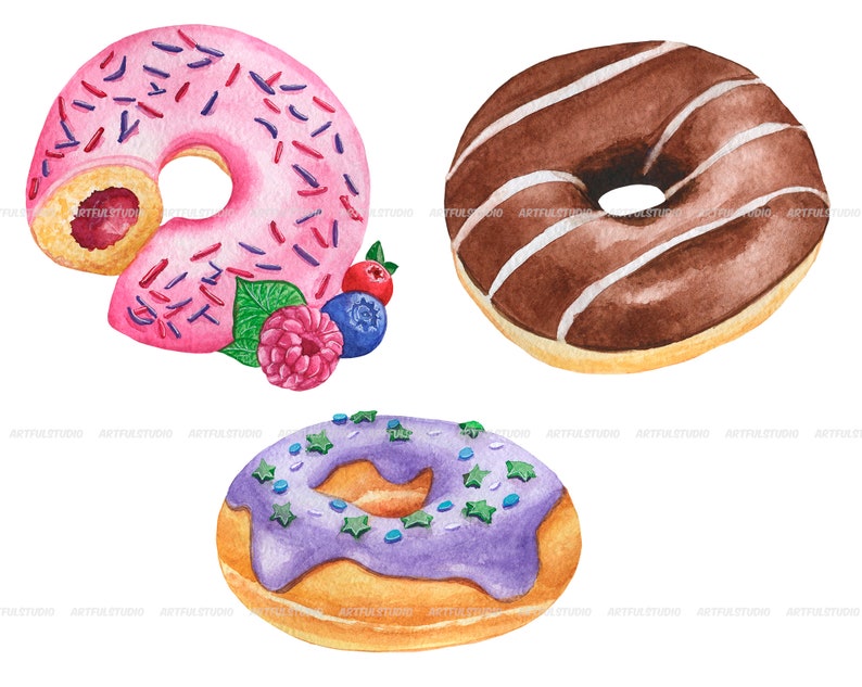 Watercolor donuts clipart sweets illustrations berry, chocolate donuts with glaze festive food, desserts, pastries-doughnut sublimation image 4