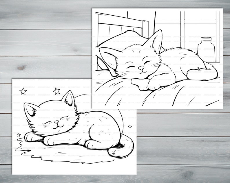 Sleeping cats PDF coloring book Printable colouring pages for kids Cute Cartoon cat coloring thick outlines for children's creativity image 7