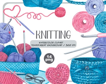 Watercolor Knitting clipart-Hand painted Crochet-yarn png-Handmade essentials-needlework hand made clipart-knitting needles-Instant download