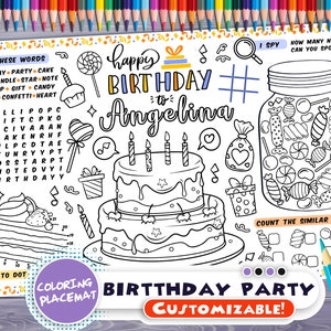 Customizable Birthday Party Placemat Happy Birthday coloring book Personalized Printable coloring page Sweets Custom Birthday Party image 1