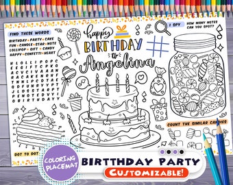 Customizable Birthday Party Placemat - Happy Birthday coloring book - Personalized Printable coloring page - Sweets Custom Birthday Party