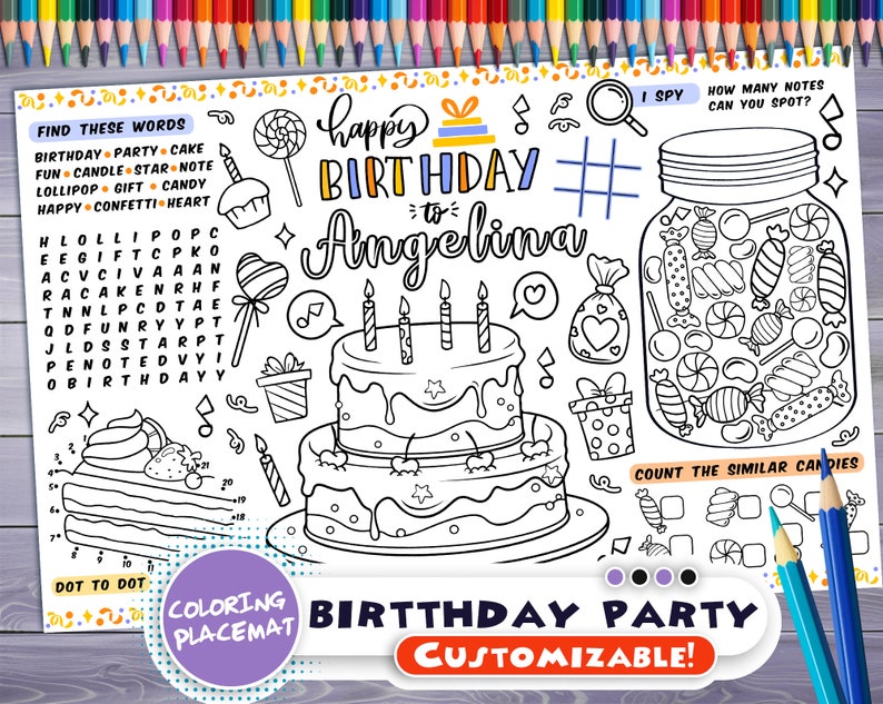 Customizable Birthday Party Placemat Happy Birthday coloring book Personalized Printable coloring page Sweets Custom Birthday Party image 1