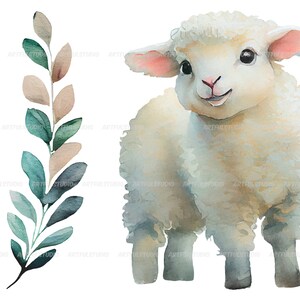 May include: A watercolor painting of a white lamb with a fluffy coat and pink ears. The lamb is standing on a white background and has a friendly expression on its face.