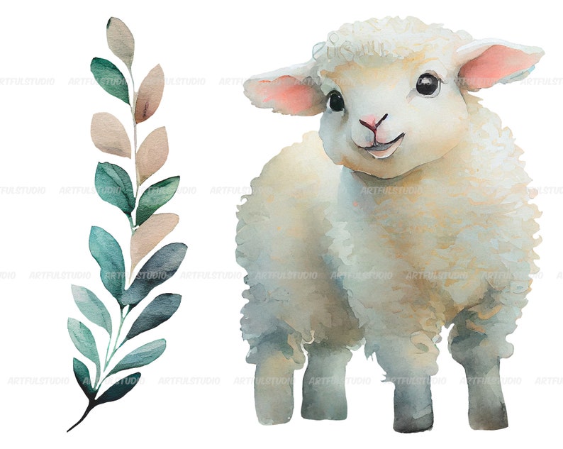 May include: A watercolor painting of a white lamb with a fluffy coat and pink ears. The lamb is standing on a white background and has a friendly expression on its face.