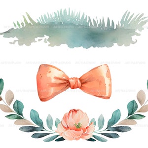 May include: Watercolor illustration of a peach-colored bow tie, a peach-colored flower, and two sprigs of green leaves with brown accents.