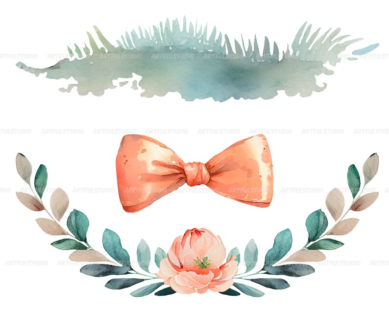 May include: Watercolor illustration of a peach-colored bow tie, a peach-colored flower, and two sprigs of green leaves with brown accents.