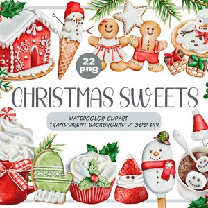 Watercolor Christmas sweets clipart snowman holiday food winter sweet, desserts, hot chocolate, cupcakes, candy, cookies sublimation image 1