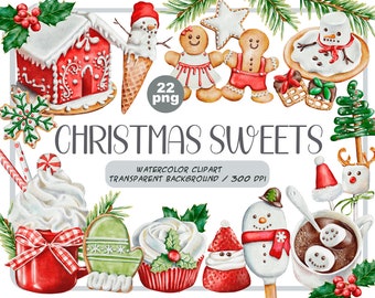 Watercolor Christmas sweets clipart - snowman holiday food - winter sweet, desserts, hot chocolate, cupcakes, candy, cookies sublimation