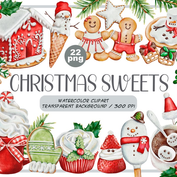 Watercolor Christmas sweets clipart - snowman holiday food - winter sweet, desserts, hot chocolate, cupcakes, candy, cookies sublimation