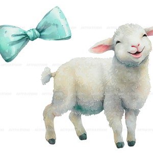 May include: A watercolor illustration of a white lamb with a light blue bow. The lamb is smiling and has its tongue sticking out. The bow is tied around the lamb's neck.
