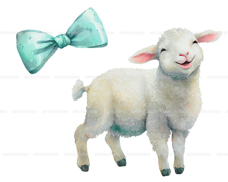 May include: A watercolor illustration of a white lamb with a light blue bow. The lamb is smiling and has its tongue sticking out. The bow is tied around the lamb's neck.