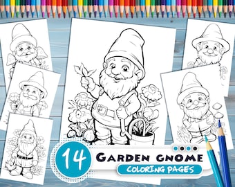 Garden Gnome PDF coloring book - Printable colouring pages for kids - Cute Cartoon gnome coloring -thick outlines -for children's creativity