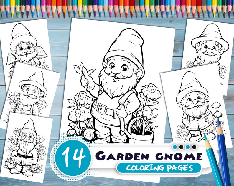 Garden Gnome PDF coloring book Printable colouring pages for kids Cute Cartoon gnome coloring thick outlines for children's creativity image 1